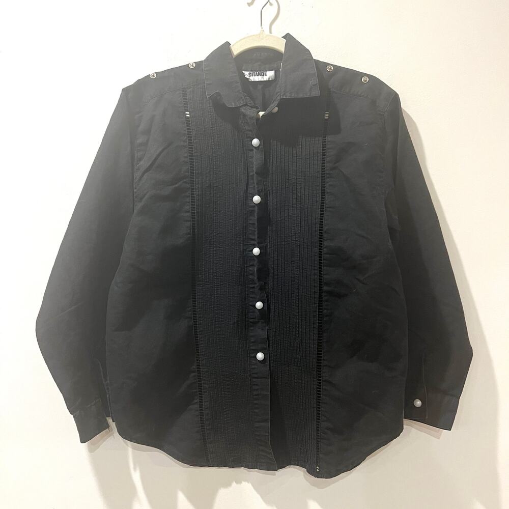 Vtg Gitano ramie cotton blend button up blouse black medium snap shoulder